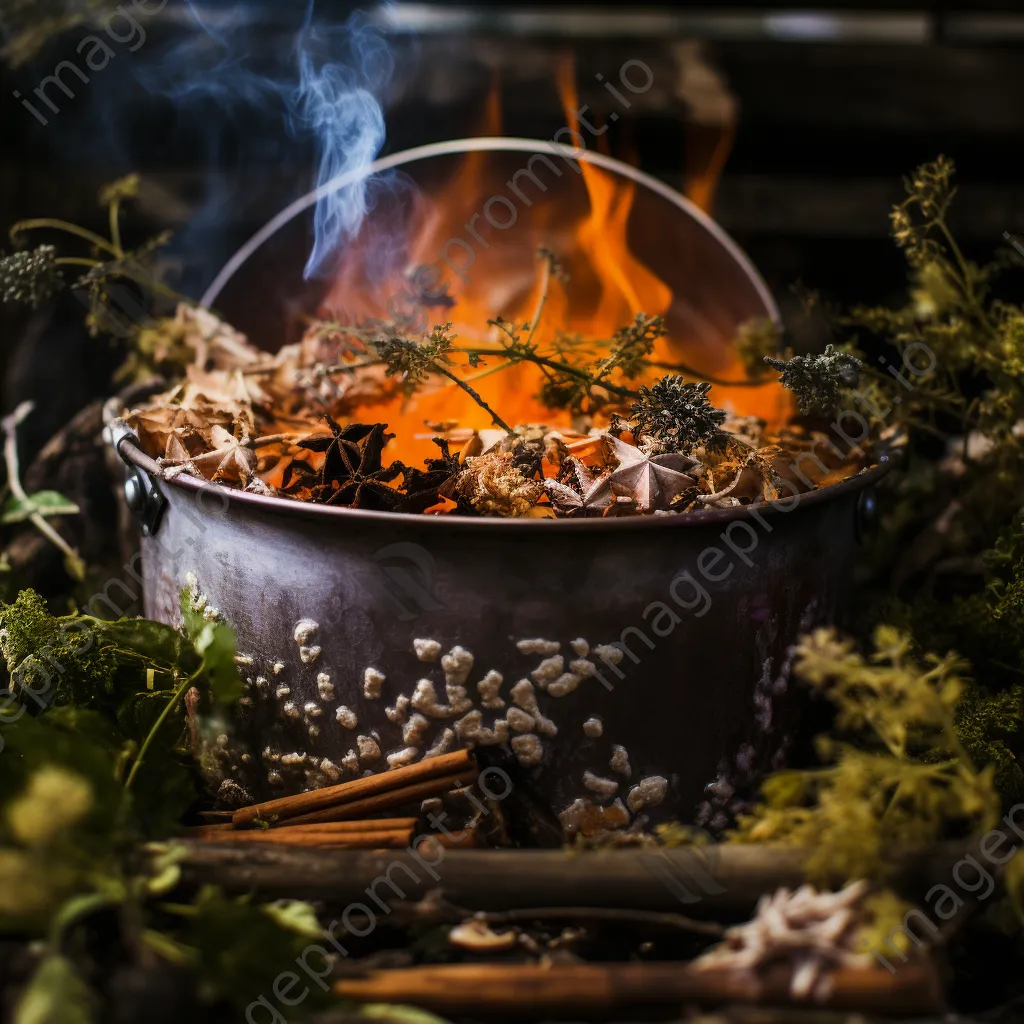 Bubbling dyeing pot surrounded by freshly harvested plants - Image 4