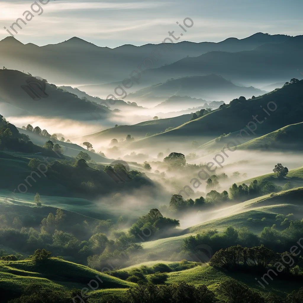 Morning mist covering a valley with rolling hills - Image 1