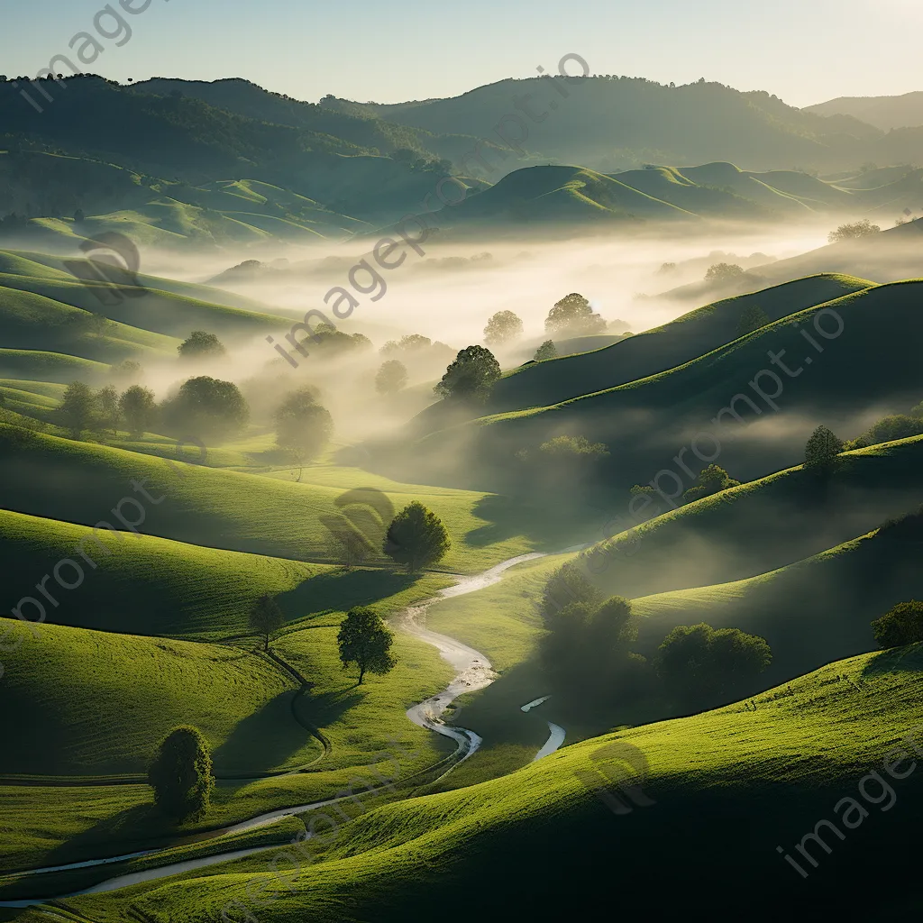 Morning mist covering a valley with rolling hills - Image 2