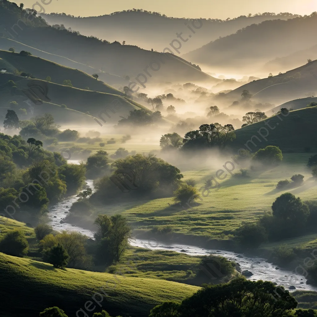 Morning mist covering a valley with rolling hills - Image 3