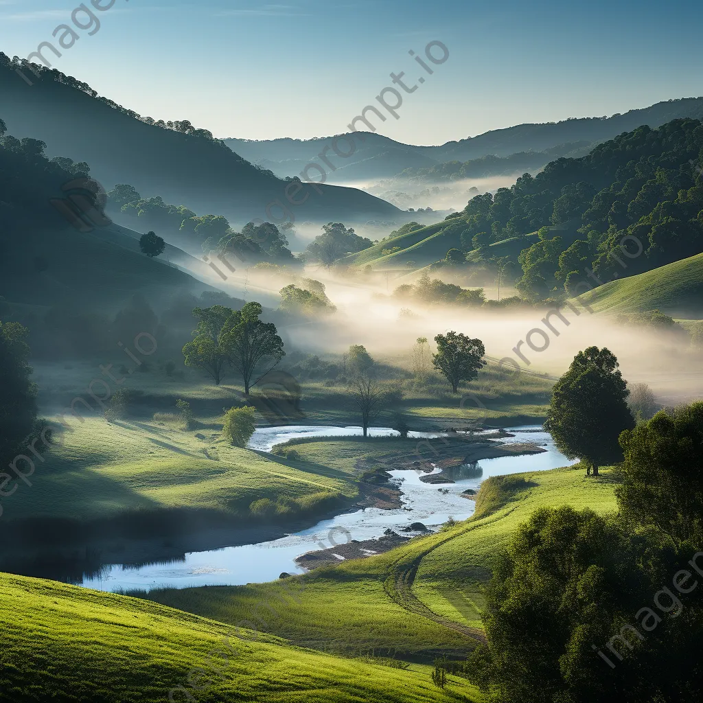 Morning mist covering a valley with rolling hills - Image 4