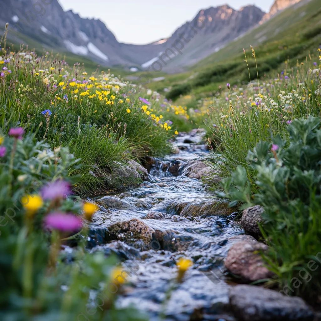 Close-up image of a mountain stream running through an alpine meadow. - Image 1