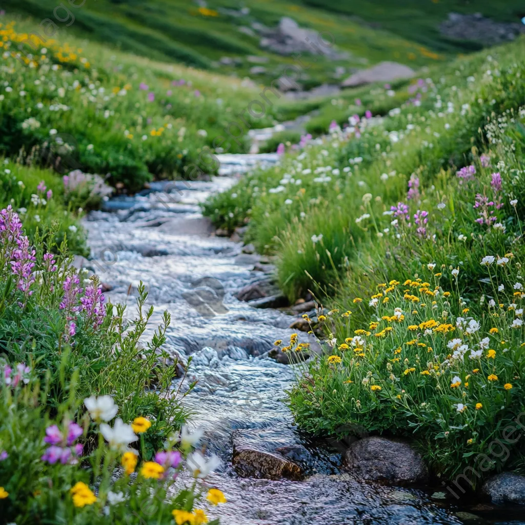 Close-up image of a mountain stream running through an alpine meadow. - Image 4