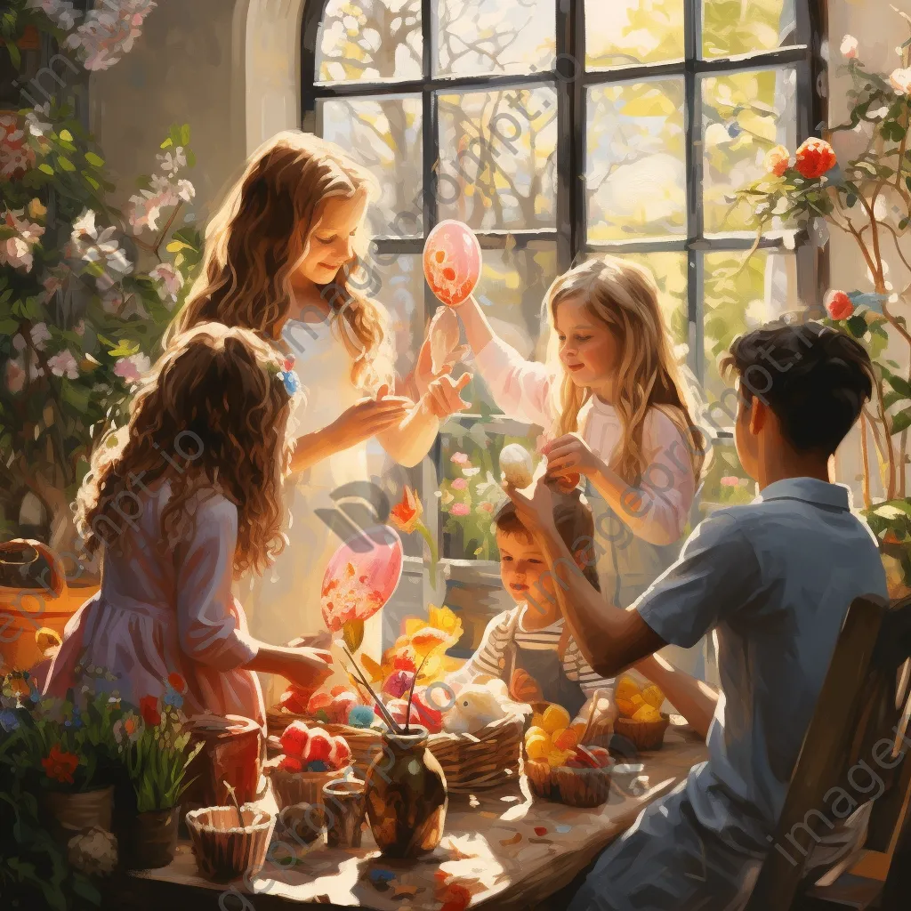 Families paint colorful Easter eggs in a bright garden - Image 1