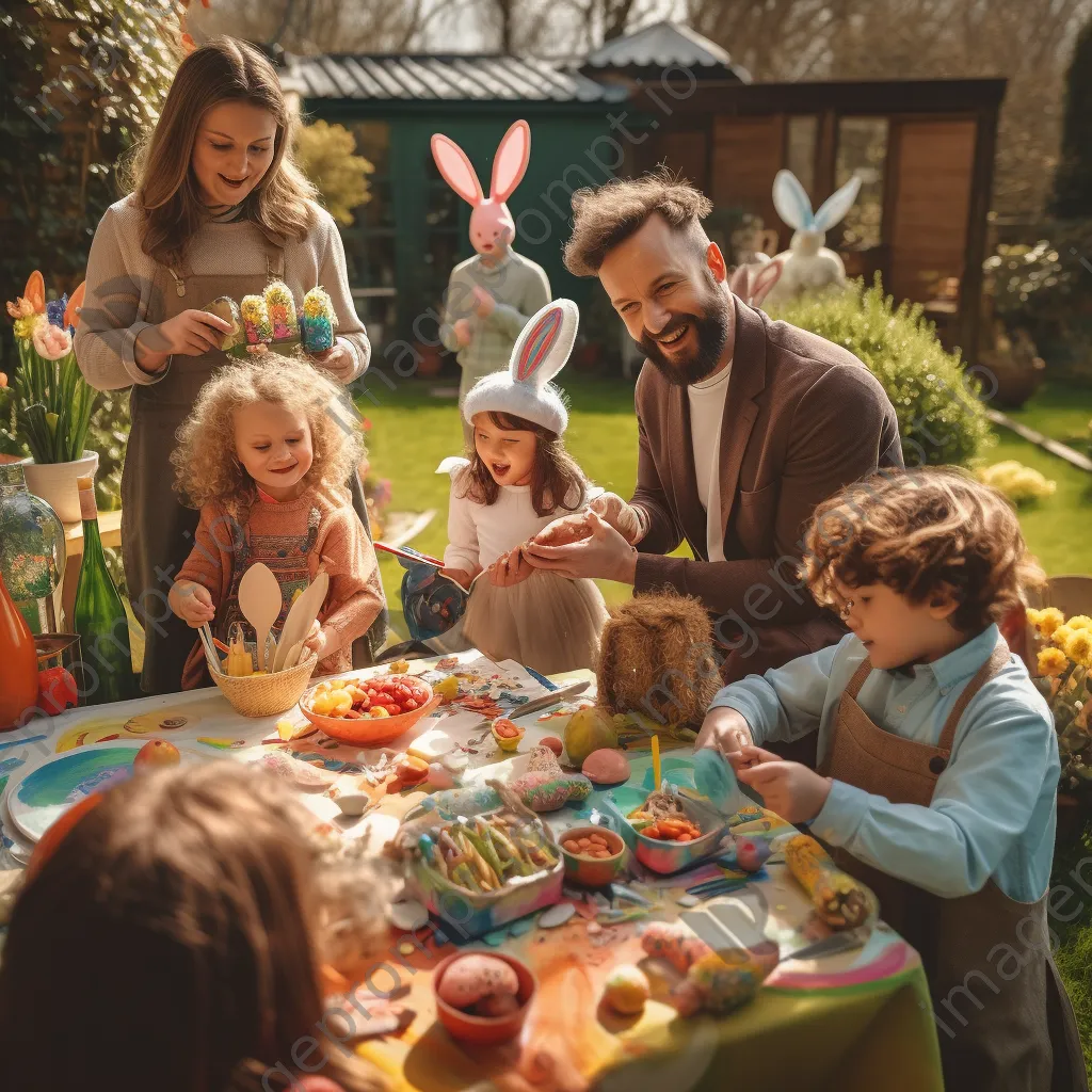 Families paint colorful Easter eggs in a bright garden - Image 3