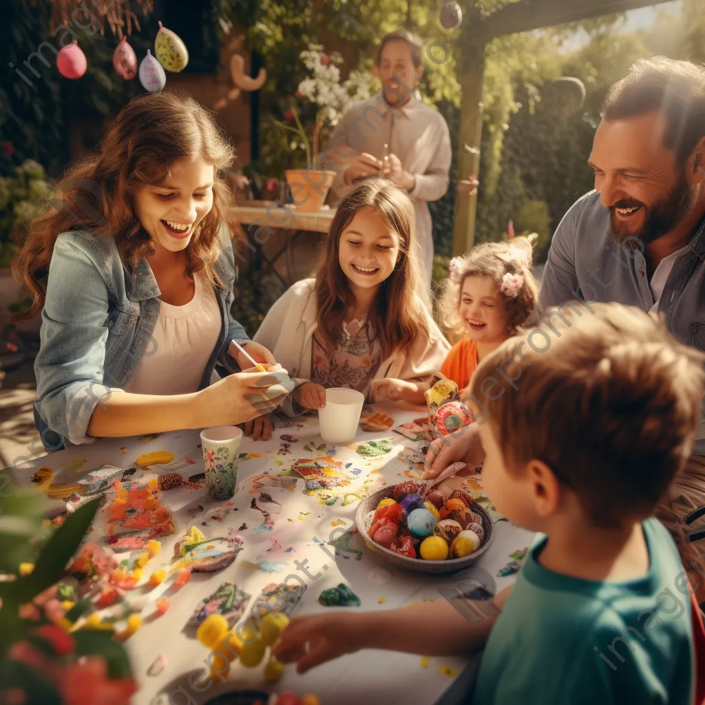 Families paint colorful Easter eggs in a bright garden - Image 4