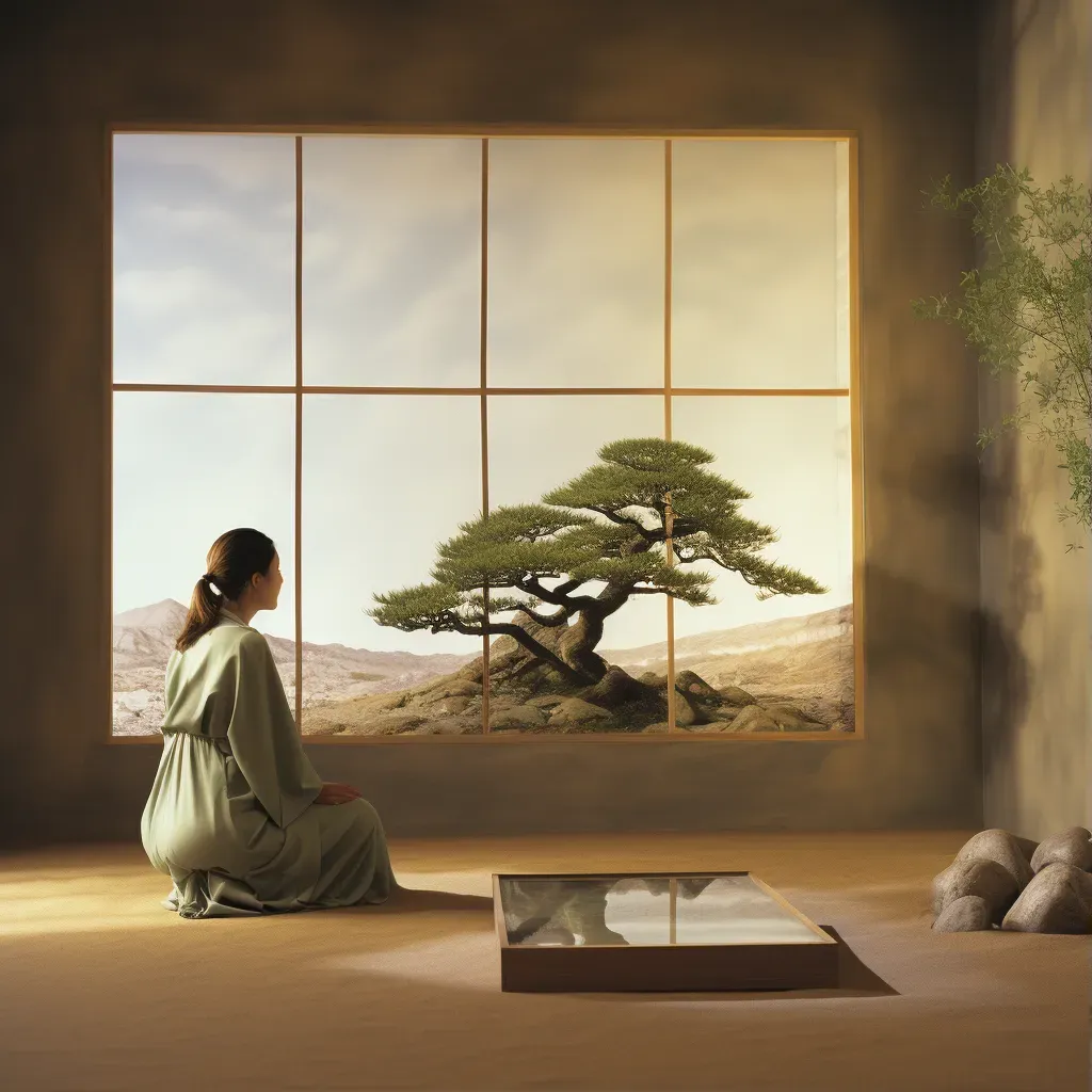 Image of a calm, peaceful indoor space with a Zen sand tray and a small bonsai tree - Image 1