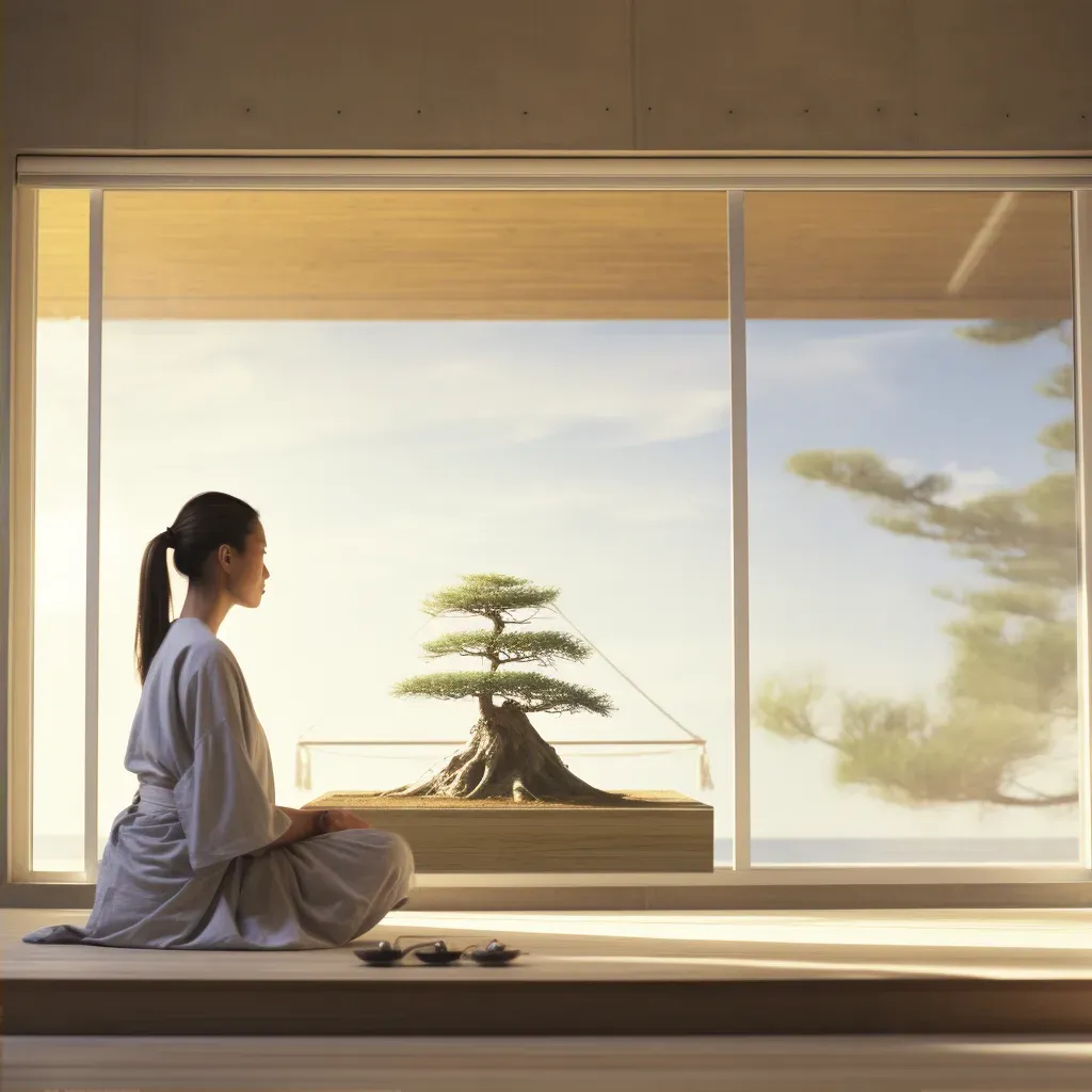 Image of a calm, peaceful indoor space with a Zen sand tray and a small bonsai tree - Image 2