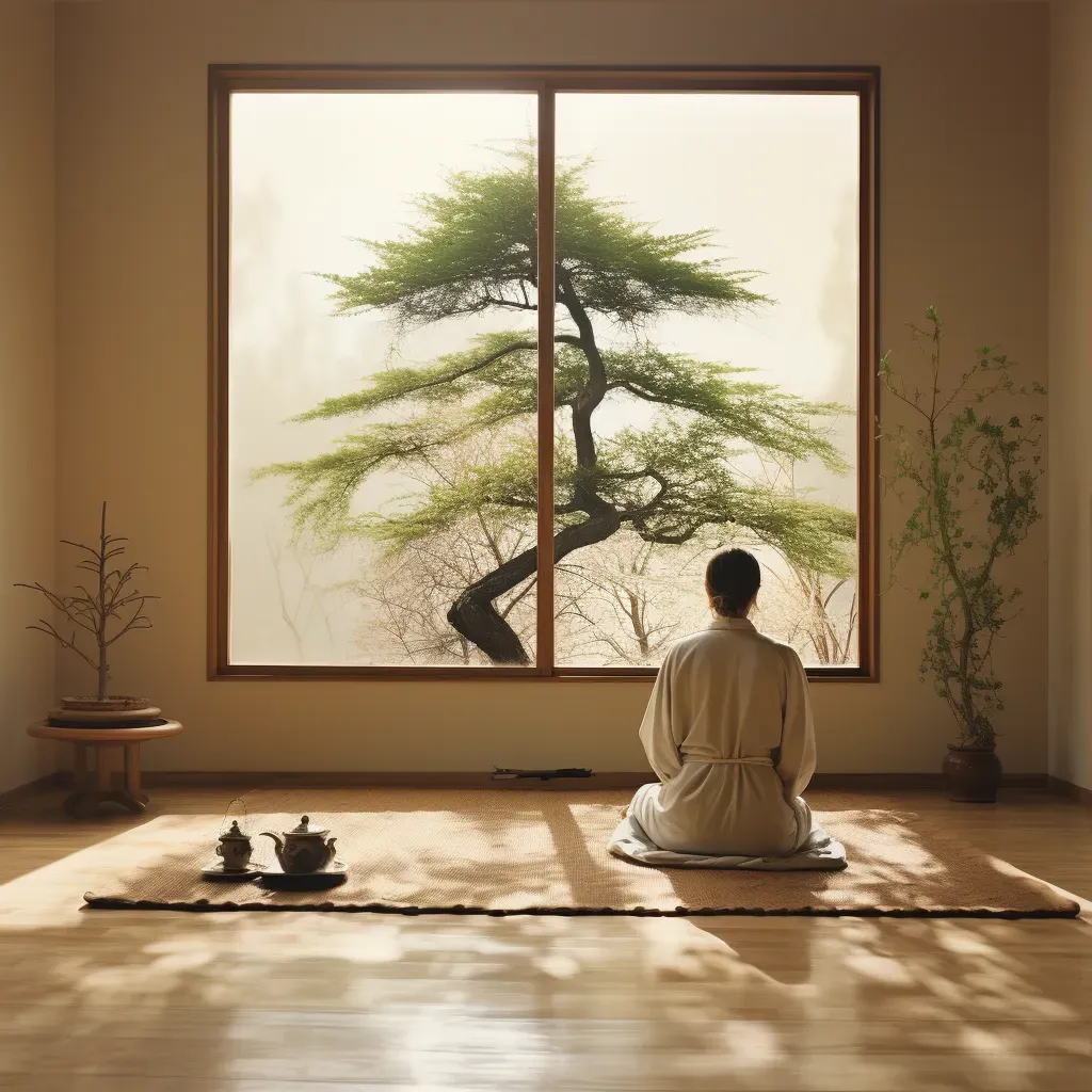 Image of a calm, peaceful indoor space with a Zen sand tray and a small bonsai tree - Image 3