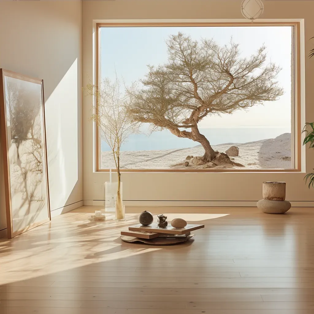 Image of a calm, peaceful indoor space with a Zen sand tray and a small bonsai tree - Image 4