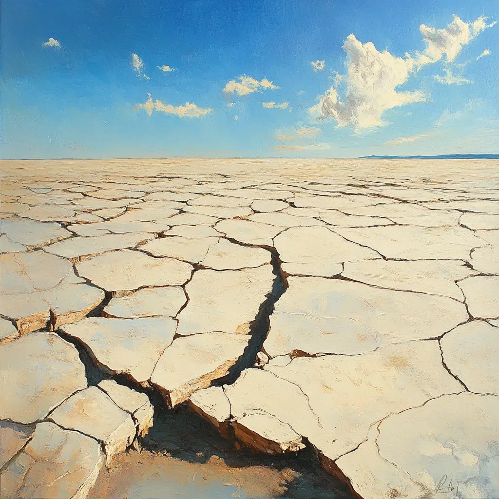 Artwork depicting a vivid, sun-baked, and cracked desert terrain - Image 1