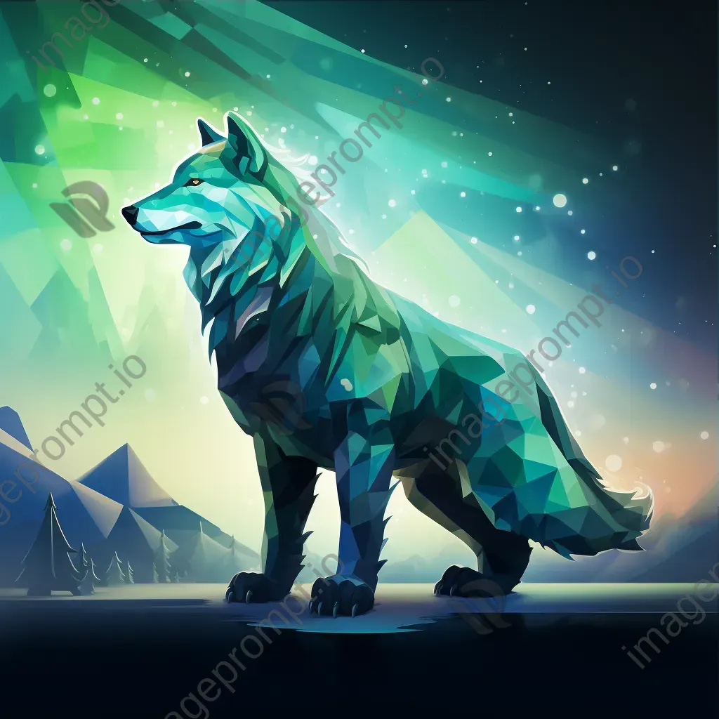 Low poly Fenrir breaking his chains under the radiant Northern lights - Image 3