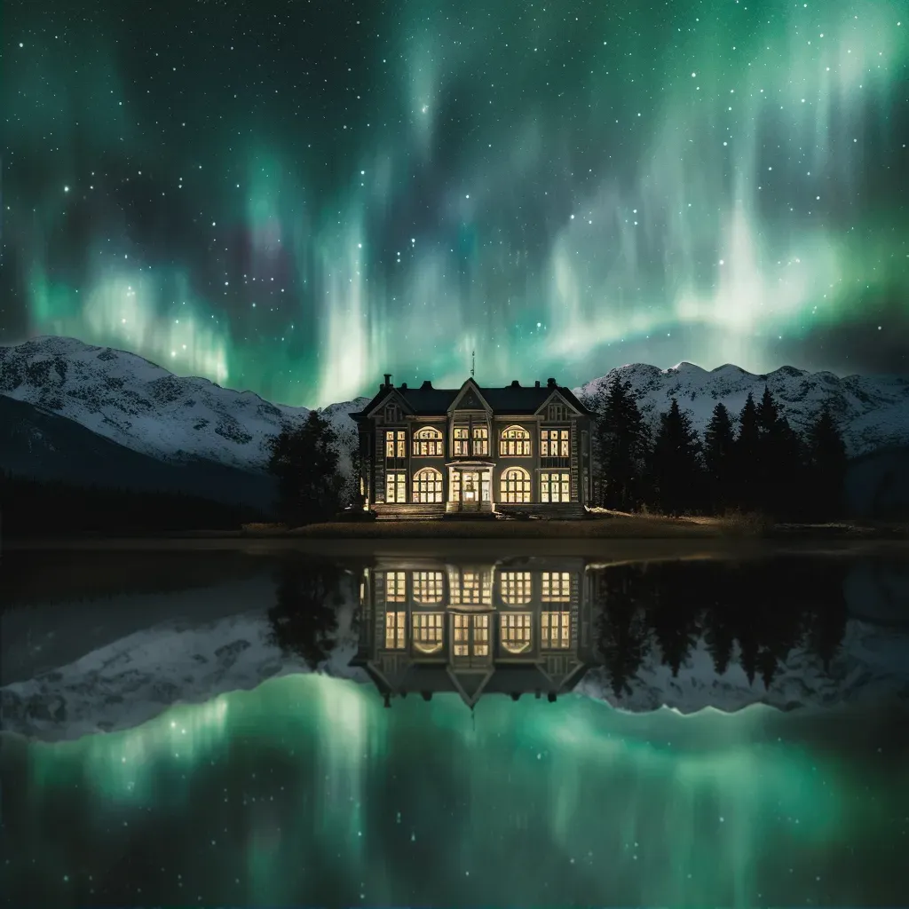 Ethereal palace on a reflective lake under northern lights - Image 2