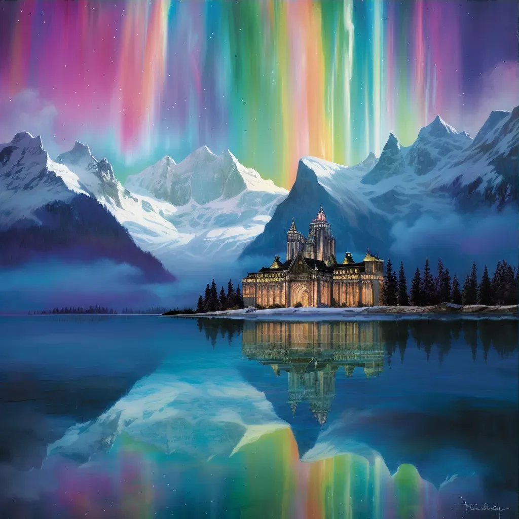 Ethereal palace on a reflective lake under northern lights - Image 3