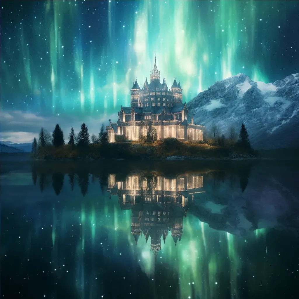 Ethereal palace on a reflective lake under northern lights - Image 4