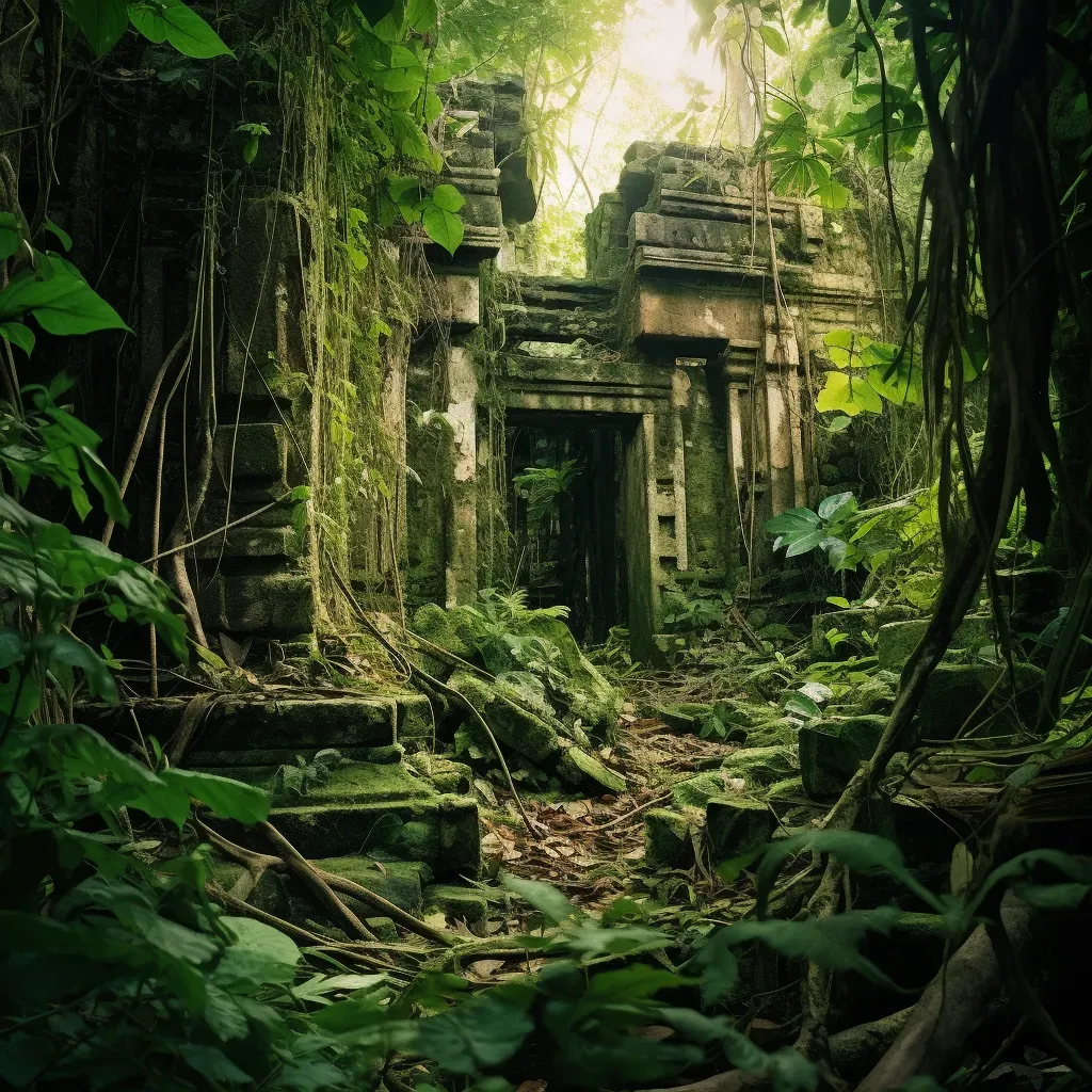 Ancient ruins covered in greenery in a dense jungle - Image 1