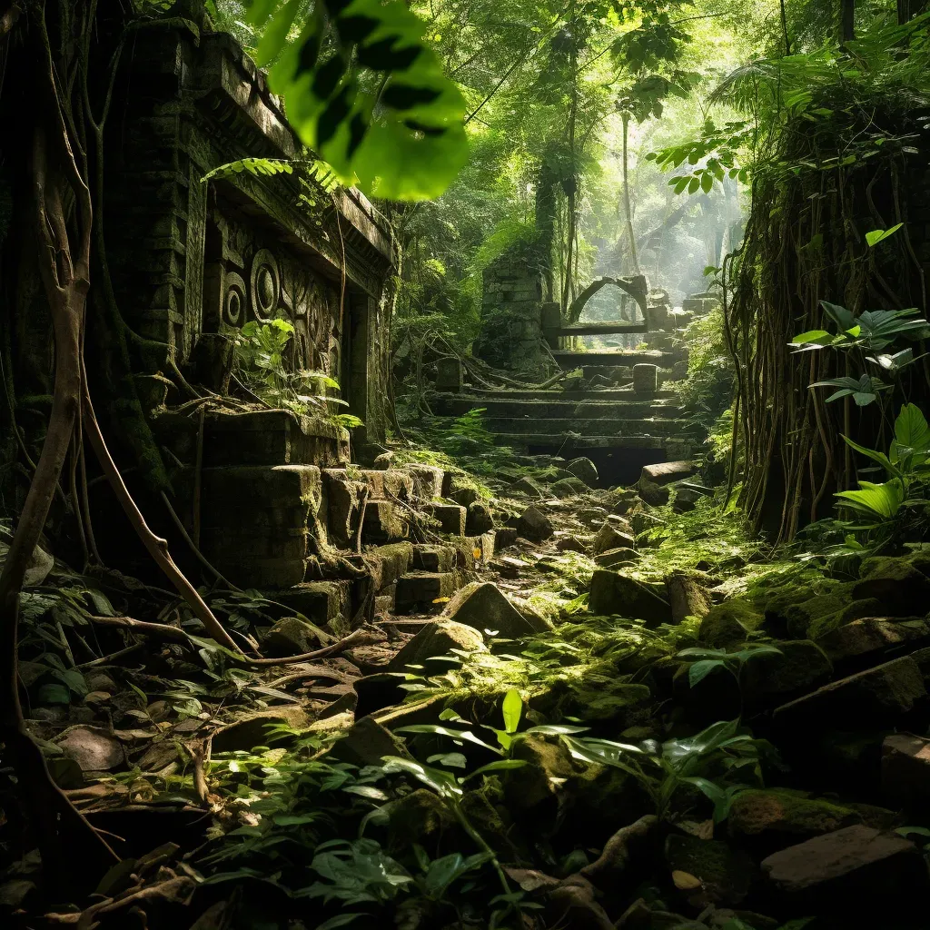 Ancient ruins covered in greenery in a dense jungle - Image 2