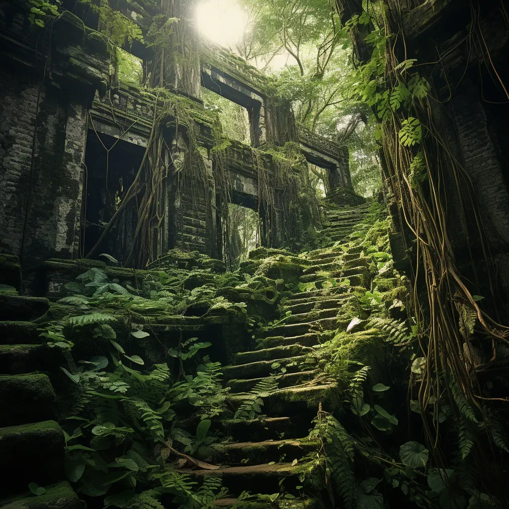 Ancient ruins covered in greenery in a dense jungle - Image 3