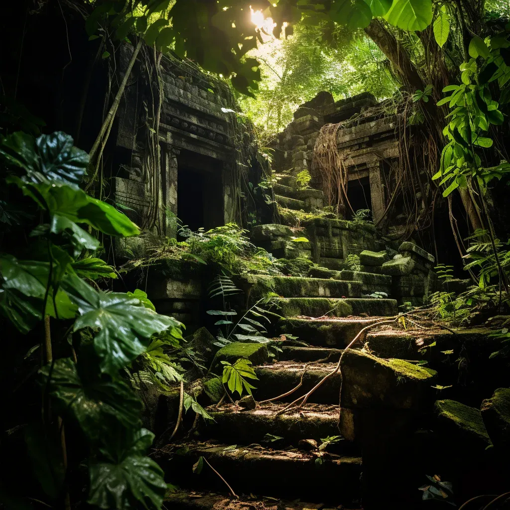 Ancient ruins covered in greenery in a dense jungle - Image 4