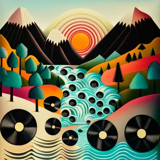 Surreal landscape of vintage vinyl records with a river of musical notes under a disco ball sun - Image 3