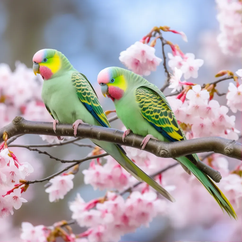 Parakeet pair grooming each other on a blooming cherry blossom tree branch - Image 1