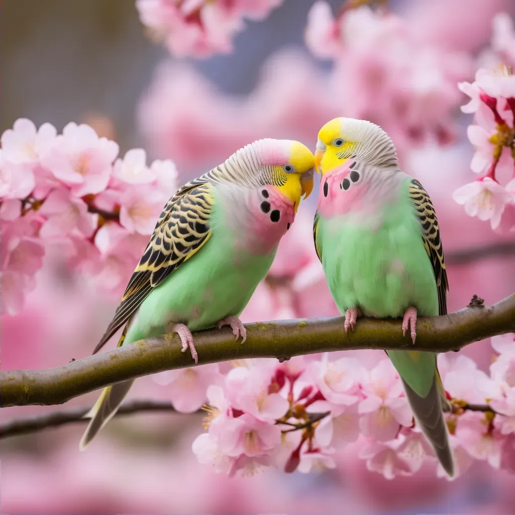 Parakeet pair grooming each other on a blooming cherry blossom tree branch - Image 2