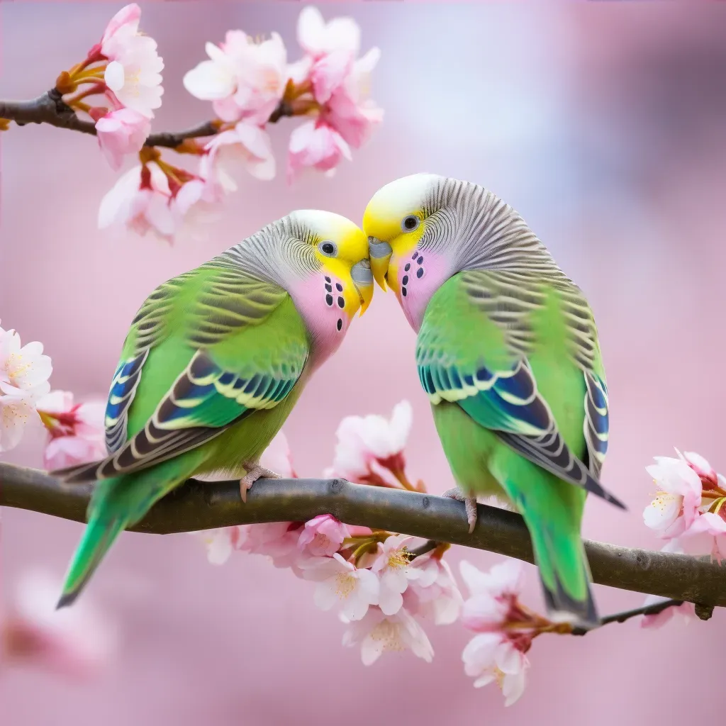 Parakeet Love on Cherry Blossom Tree