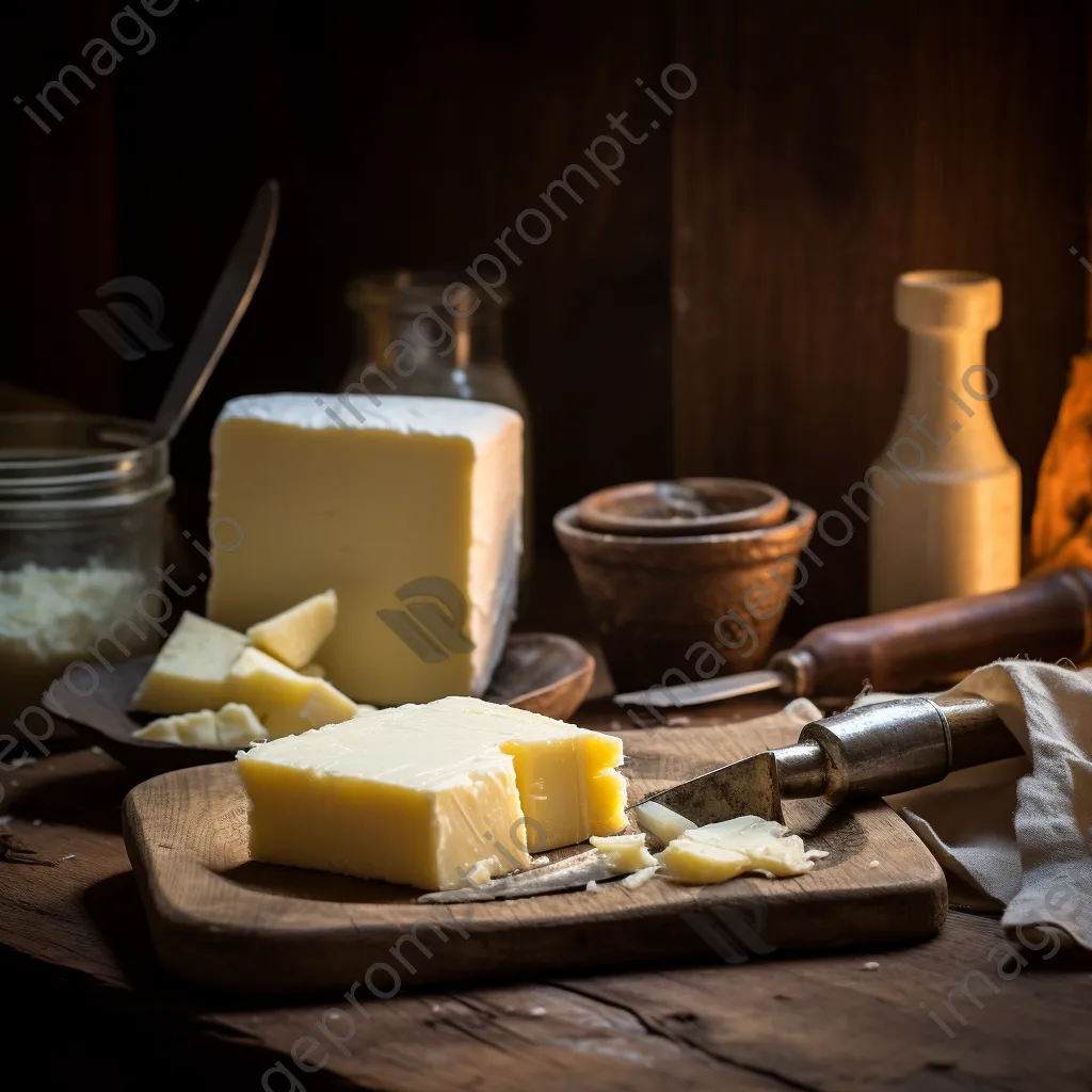 Traditional butter making tools on a rustic wooden table in a warm kitchen setting - Image 1