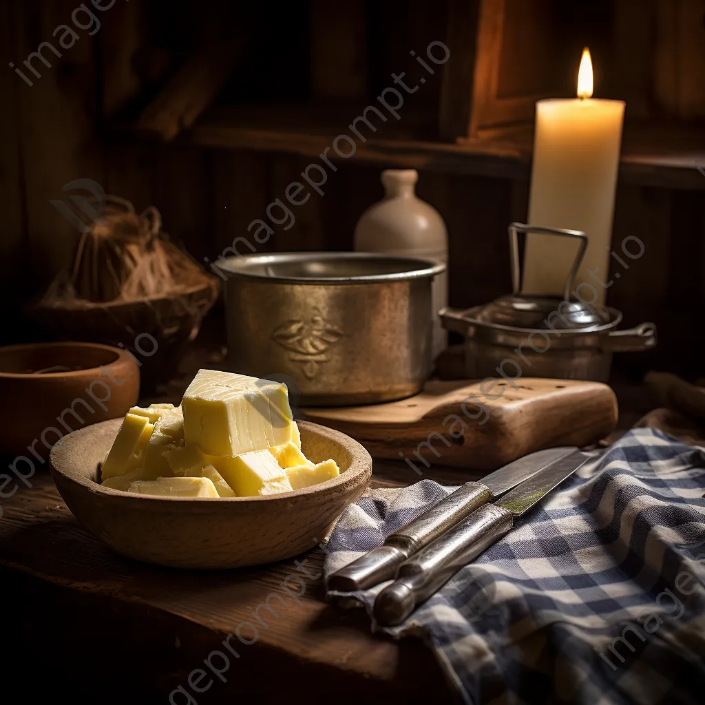 Traditional butter making tools on a rustic wooden table in a warm kitchen setting - Image 2