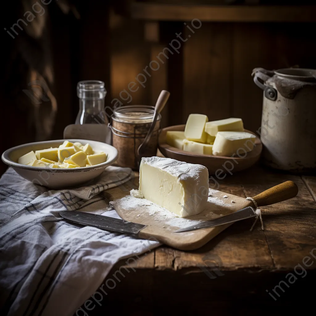 Traditional butter making tools on a rustic wooden table in a warm kitchen setting - Image 3