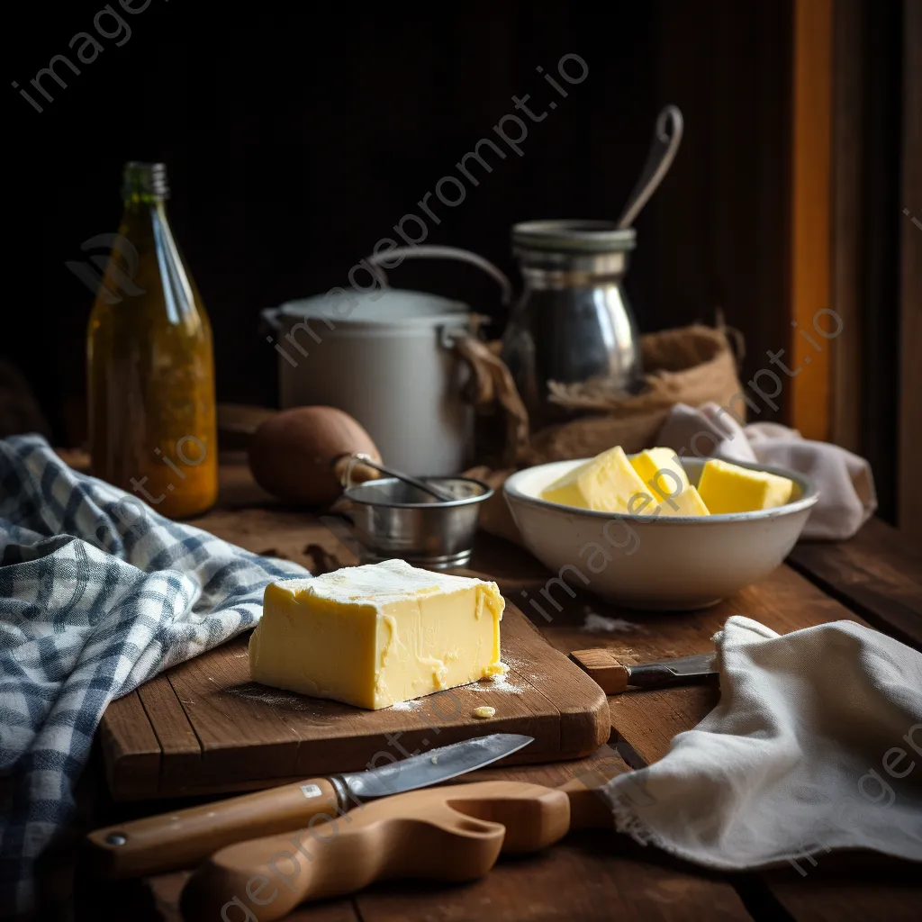 Traditional butter making tools on a rustic wooden table in a warm kitchen setting - Image 4