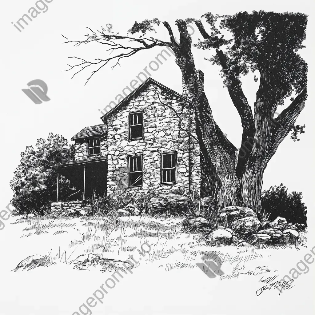 Ink drawing of an old, charming, and dilapidated stone farmhouse - Image 1