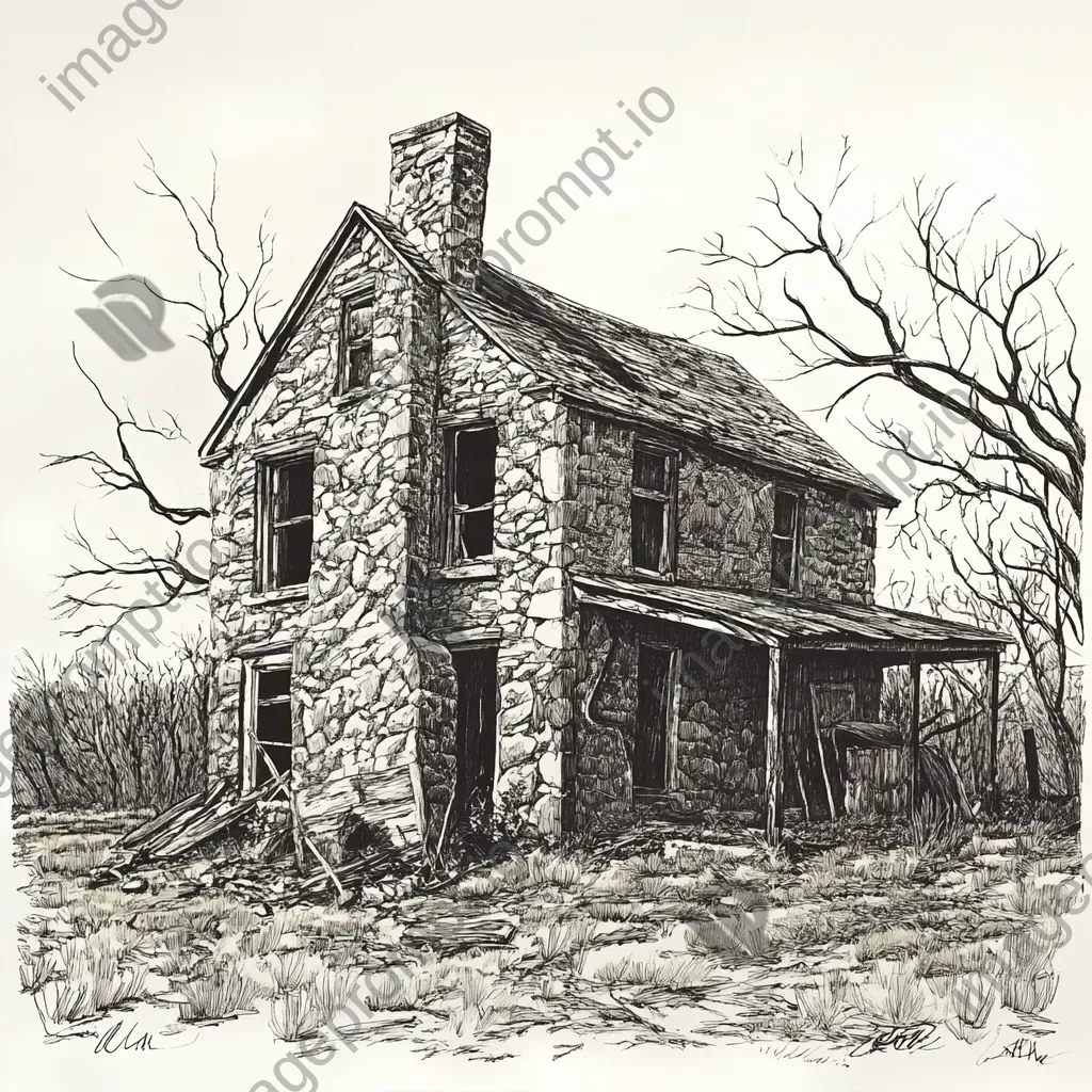 Ink drawing of an old, charming, and dilapidated stone farmhouse - Image 2