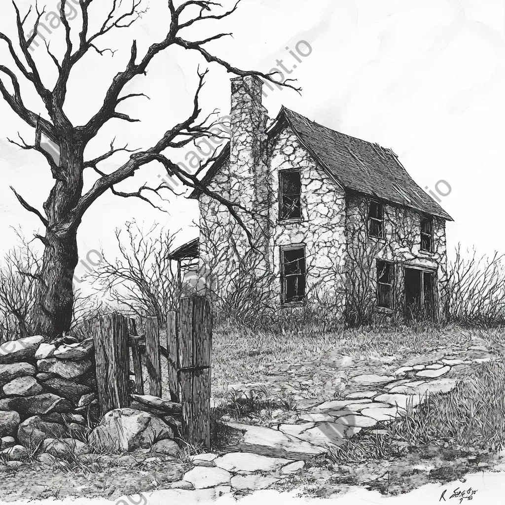 Ink drawing of an old, charming, and dilapidated stone farmhouse - Image 3