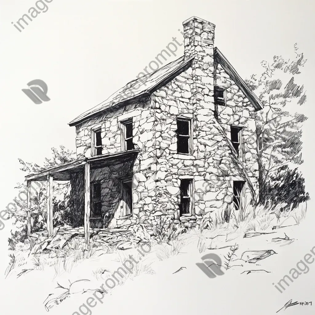 Ink drawing of an old, charming, and dilapidated stone farmhouse - Image 4