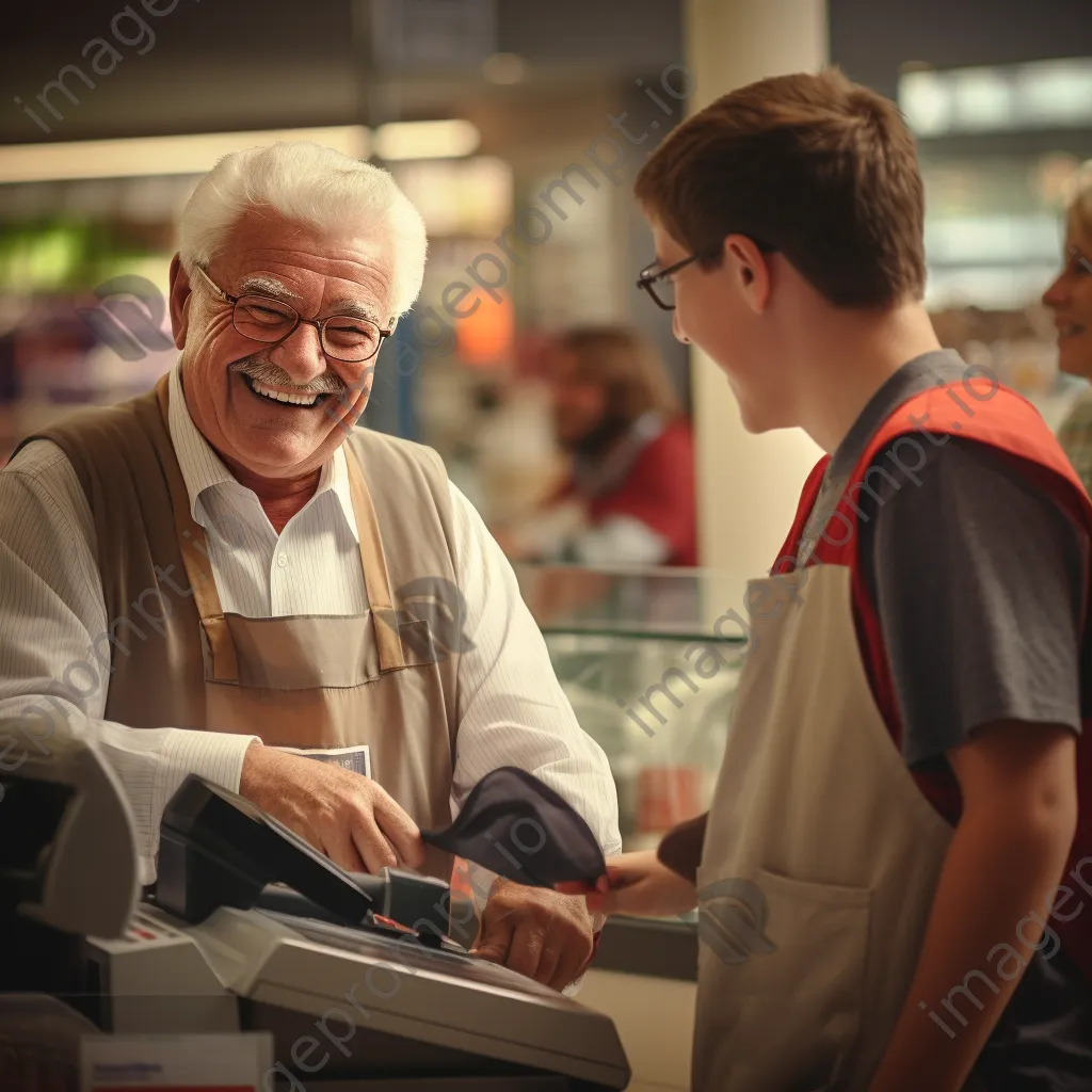 Cashier smiling while helping a senior customer with their purchase. - Image 1