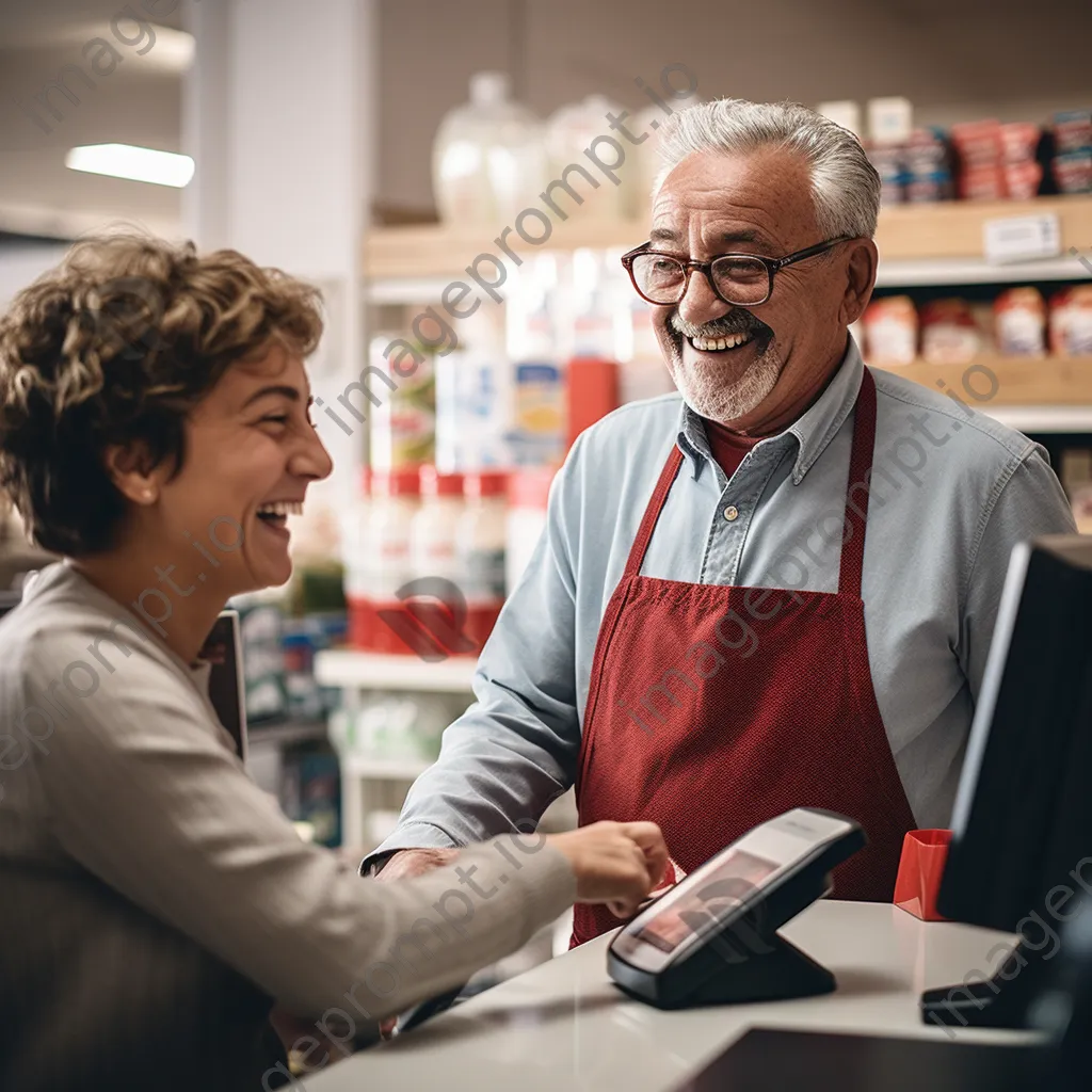 Cashier smiling while helping a senior customer with their purchase. - Image 4