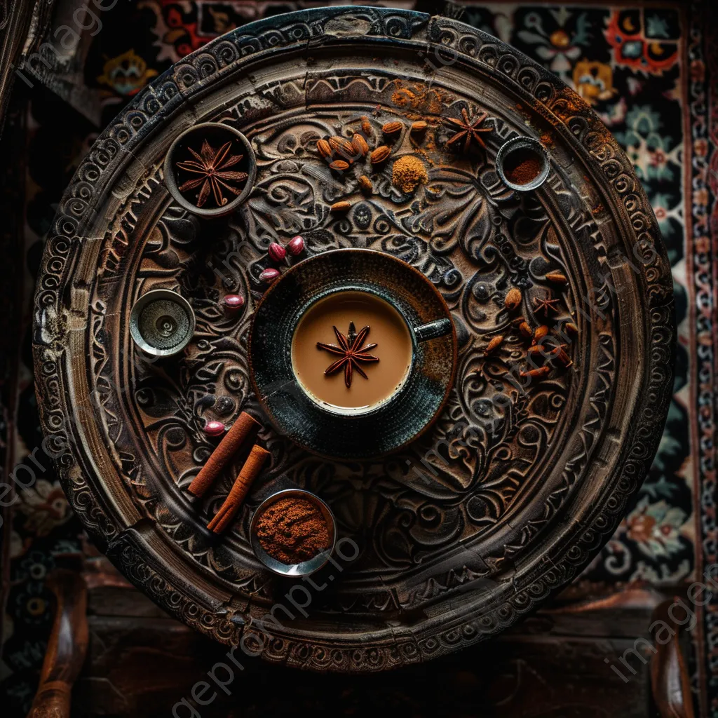 Cup of chai tea surrounded by cinnamon and cardamom on a wooden table. - Image 1