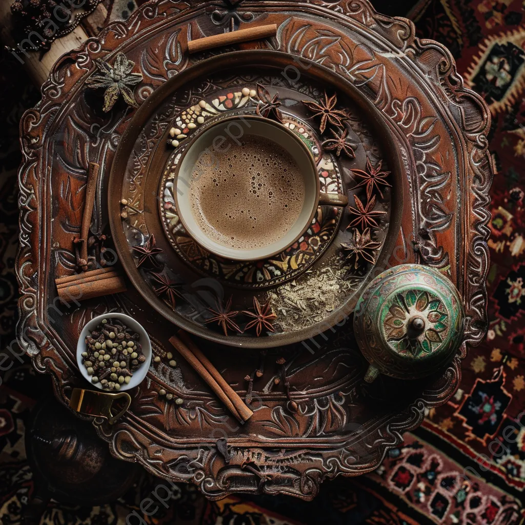 Cup of chai tea surrounded by cinnamon and cardamom on a wooden table. - Image 2