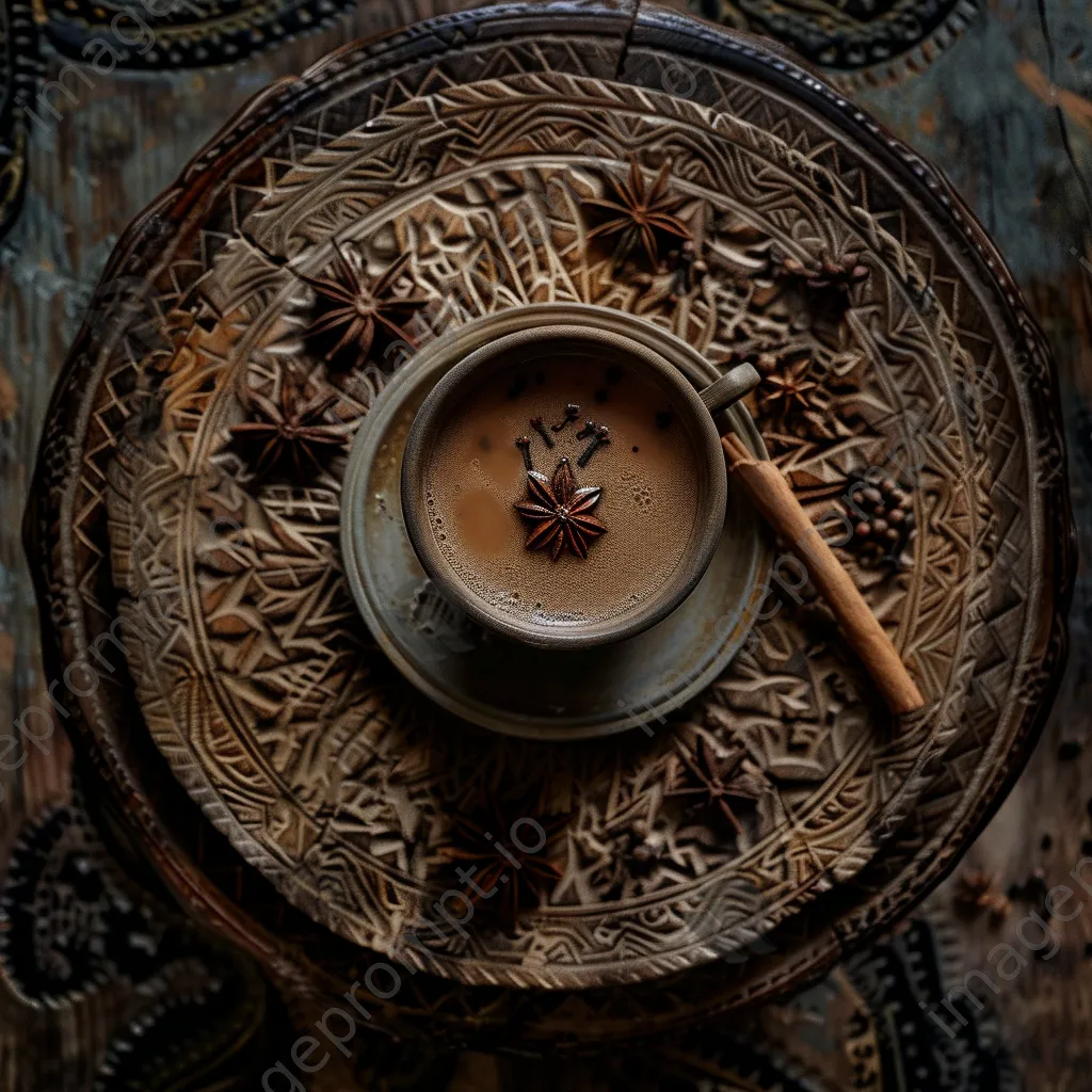 Cup of chai tea surrounded by cinnamon and cardamom on a wooden table. - Image 3