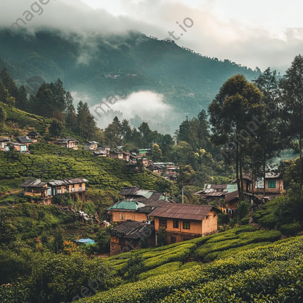 Village scene at the foot of a tea-covered mountain - Image 1