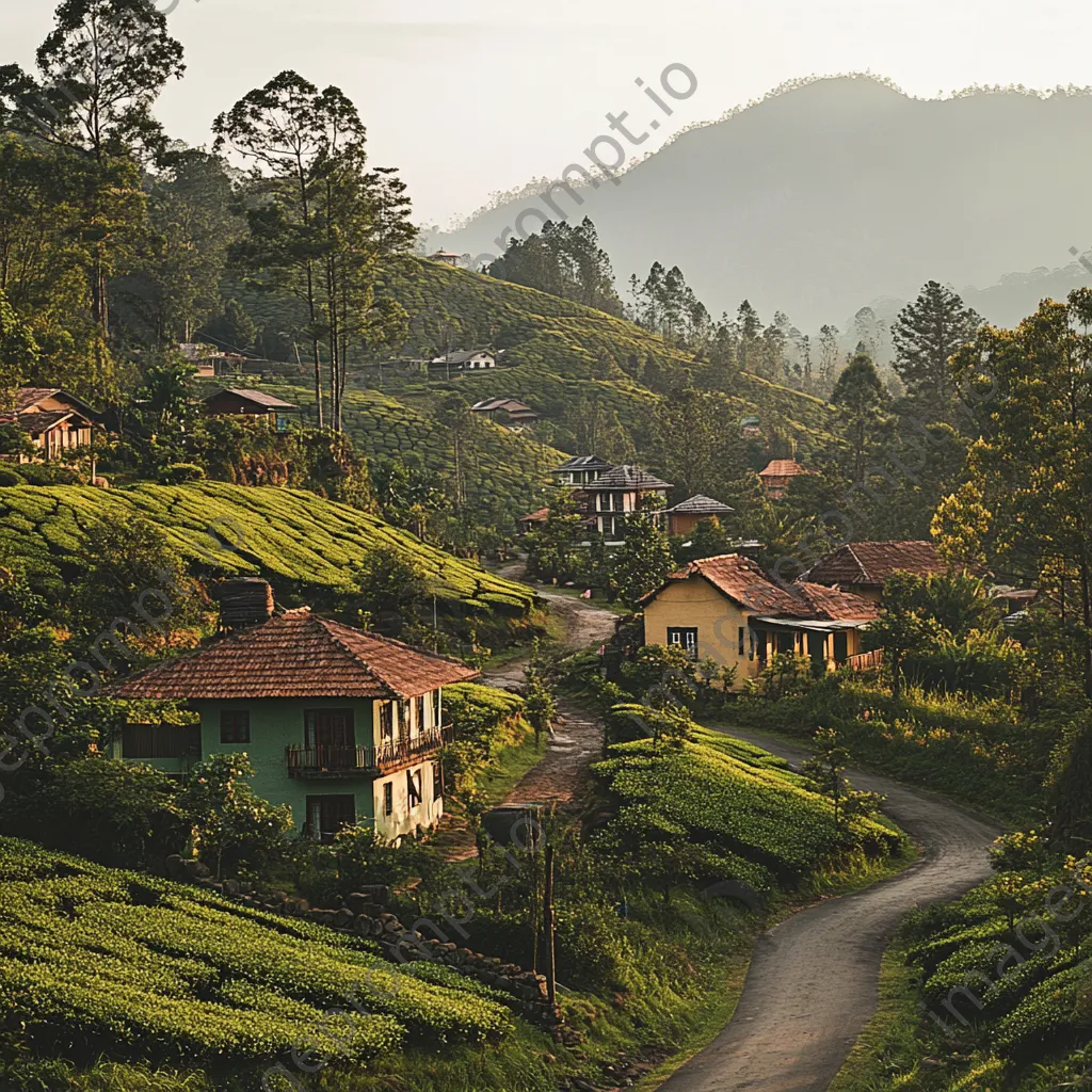 Village scene at the foot of a tea-covered mountain - Image 2