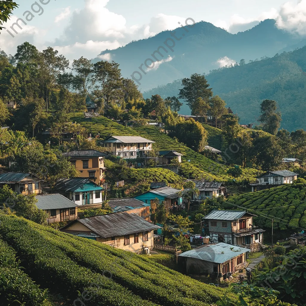 Village scene at the foot of a tea-covered mountain - Image 3