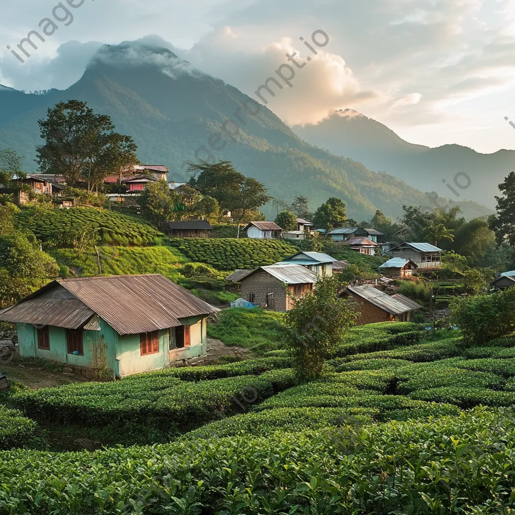 Village scene at the foot of a tea-covered mountain - Image 4