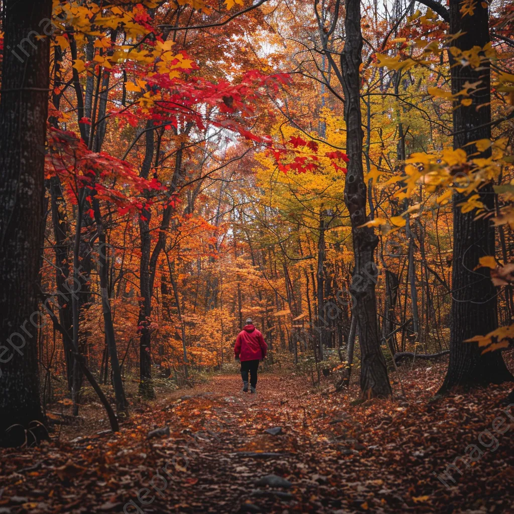 A hiker in a red jacket on an autumn forest trail - Image 1