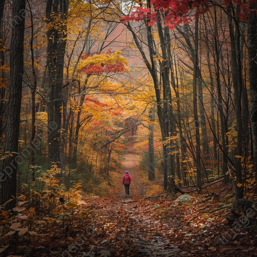 A hiker in a red jacket on an autumn forest trail - Image 2