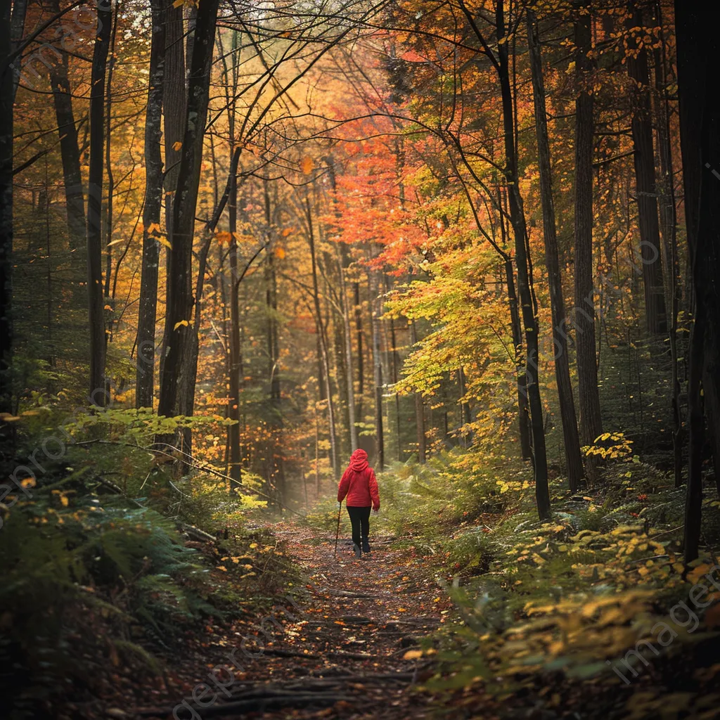 A hiker in a red jacket on an autumn forest trail - Image 3