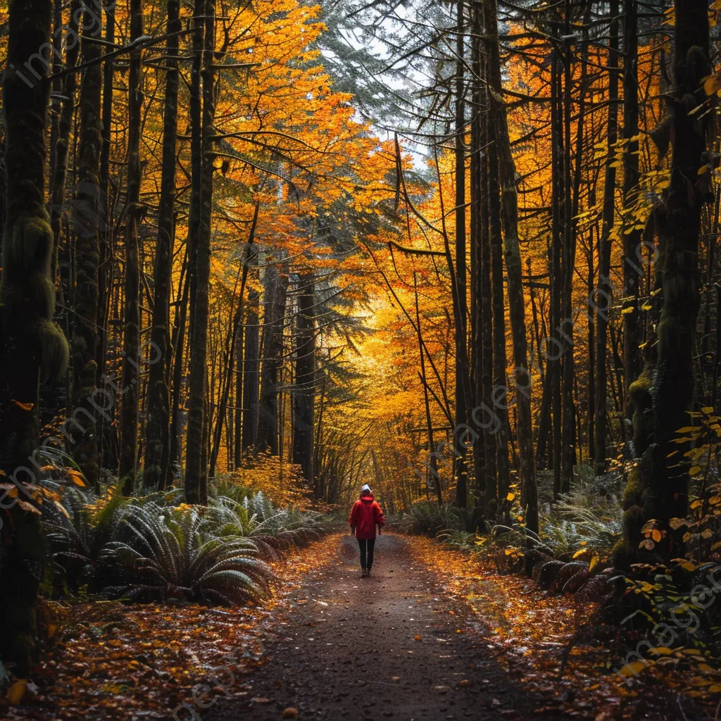 A hiker in a red jacket on an autumn forest trail - Image 4