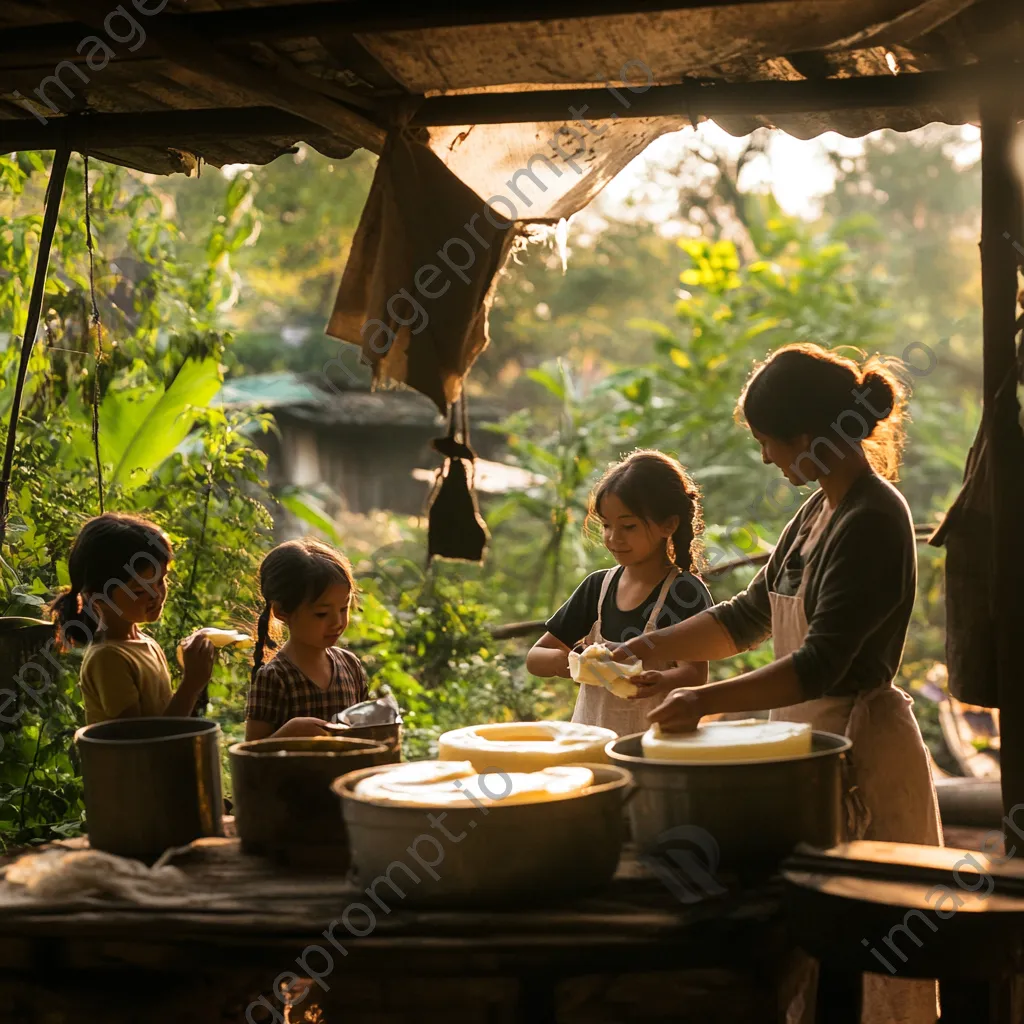 Family gathering outdoors with children learning to make butter from an elder in natural surroundings - Image 1