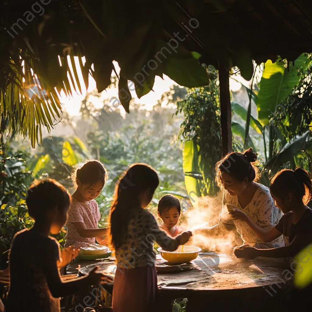 Family gathering outdoors with children learning to make butter from an elder in natural surroundings - Image 3